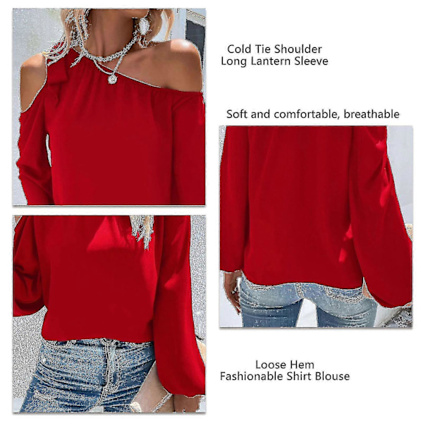 Dam Topp Cold Shoulder Knytblus Enfärgad Lykta Ärm Elastisk Manschett Chiffong Elegant Casual Blus Skjorta Red M