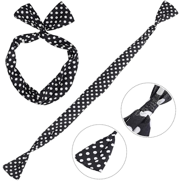 50-luvun naisten asustesarja pilkullisella bandana-solmiopannalla, korvakoruilla, kaulakorulla, käsineillä, retro kissansilmälasilla (musta)