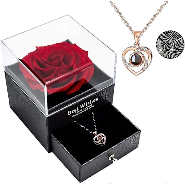 Preservert ekte rose med "Jeg elsker deg"-halskjede på 100 språk gavepakke, fortryllet ekte roseblomst til Valentinsdag, jubileum, bryllup, bursdag, romantisk