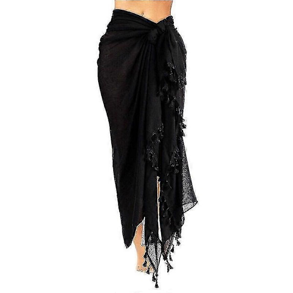 Dame Strand Batik Lang Sarong Badedragt Cover Up Wrap Pareo Med Kvaster Sort 1 stk