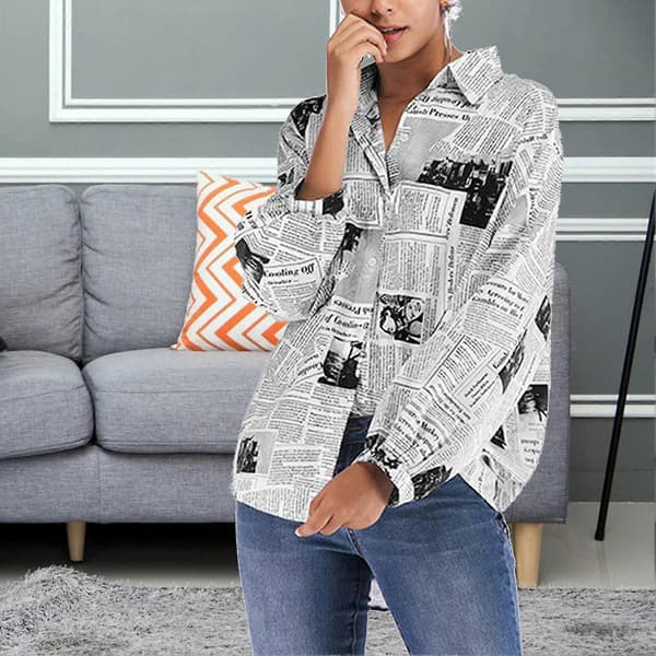 Dame Printede Skjorter Avisprint Langærmede Bluser Blue L