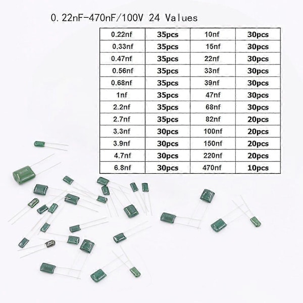 660 stk. 24 Verdi Mylar Polyester Film Kondensator Sortimentsett 0.22NF til 470NF / 100V