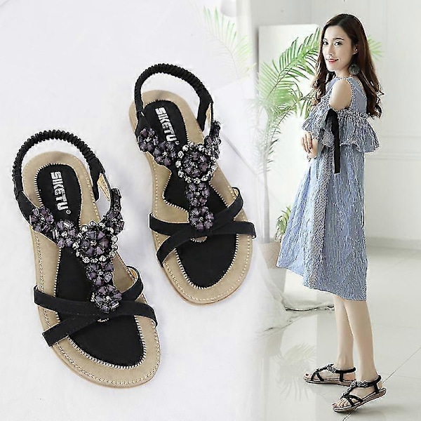 Dame Rhinestone Sandaler, T-stropp Spenne Perle Krystall Flate Sandaler Black 40