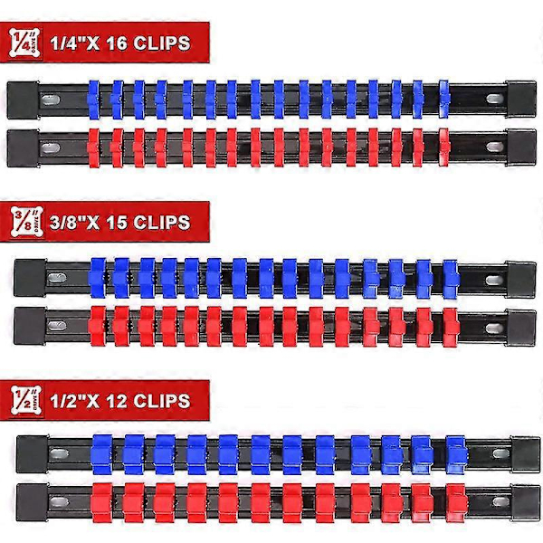 ABS Pipenøkkelholder, 1/4 tommes feste X 32 klips, 3/8 tommes feste X 30 klips, 1/2