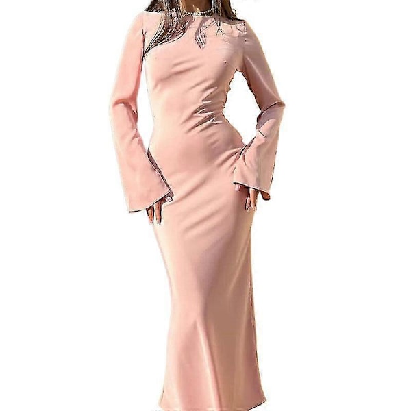Satin Kjole til Kvinder - Slank Maxi Kjole med Lange Ærmer, Høj Talje, Elegant Ensfarvet Kjole LightPink M