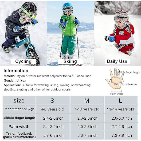 Skidhandskar för barn, snowboardhandskar, vattentäta och vindtäta vintervantar för 3-13 år, flickor och pojkar, skidåkning, snowboardåkning, ridning, löpning
