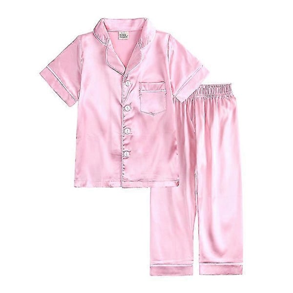 Barn Småbarn Baby Flicka Pojke Satin Pyjamas Set Lång Kort Ärm Knäppning Pyjamasskjorta Topp+byxor Underdelar Sovkläder Outfits Style B Pink 12-13 Years