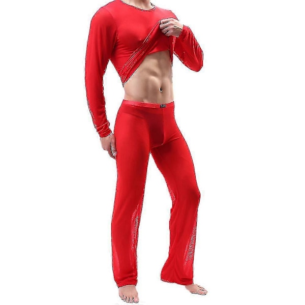 Herre Mesh Gjennomsiktig Pyjamas Sett Sexy Topp + Bukser Undertøy Erotisk Nattøy Red L