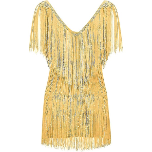 Cocktailkjoler til kvinder Sexet dyb V-hals Allover Frynser Spaghetti Stropper Kjole Pailletter Fjer Prom Festkjole 2-gold X-Small