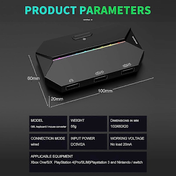 G6l-muunnin + yhden käden näppäimistö + hiiri + hiirimattosetti Switch Ps4 5 -konsolin peliohjaimen muuntajalle