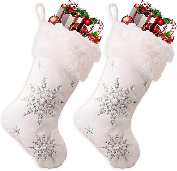 Julstrumpor Stora Vita Julstrumpor Med Silver Snöflinga Korsstygn, Päls, 2-pack