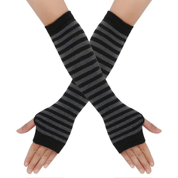 1 par stribede fingerløse handsker til kvinder, strikkede albuevanter til vinter, bløde, elastiske armvarmere, julegave Black 2