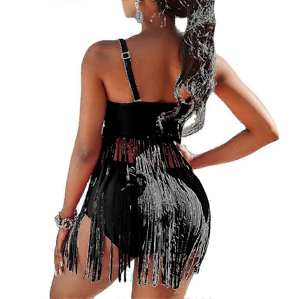 Tankini Bikini Set med Tofsar för Kvinnor, Baddräkt med Hög Midja Black XL