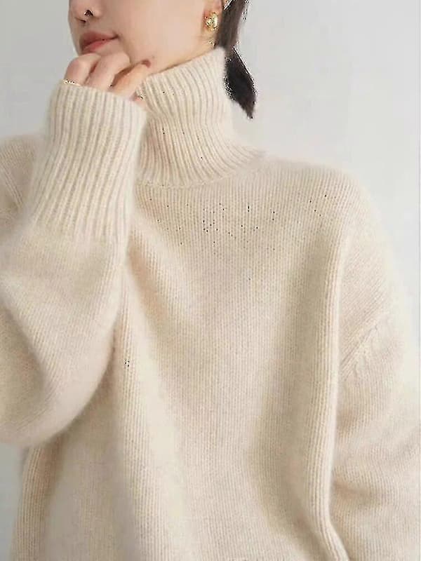 Rullekrave Cashmere Sweater 100% Ren Uld Sweater Dame Strik Løs Pullover Kvinde Efterår/vinter Beige M