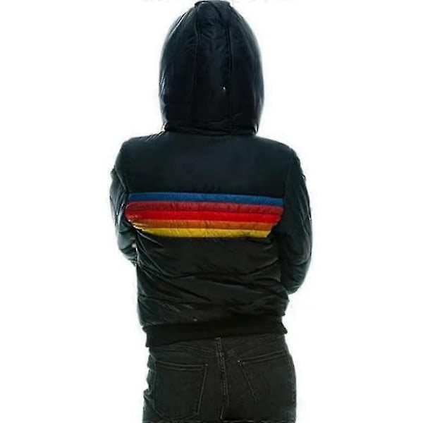 Dame Regnbue Lynlås Vinter Dunjakke Casual Stribet Hætte Pufferjakke Black XL