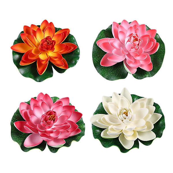 Amosfun 4 stk. 17 cm Simulation Flydende Åkande Plast Lotus Blomst Dam Fisk Tank Dekor Ornamenter (Hvid + Orange + Rød + Pink)