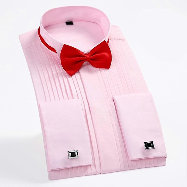 Bröllopsfrackskjorta med vinge, fluga, plisserad skjorta, manschettknappar, långärmad, vanlig topp för män Pink 41