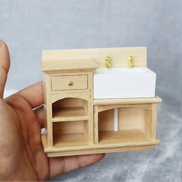 Tvättställsskåp i trä med keramisk handfat Miniatyrmöbler Leksaker för 1/12 Dockhus Badrum