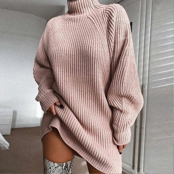 Ribbestrikkede kjoler for kvinner, elastiske løse langermet kjoler for kvinner, jenter og damer Dark Grey L