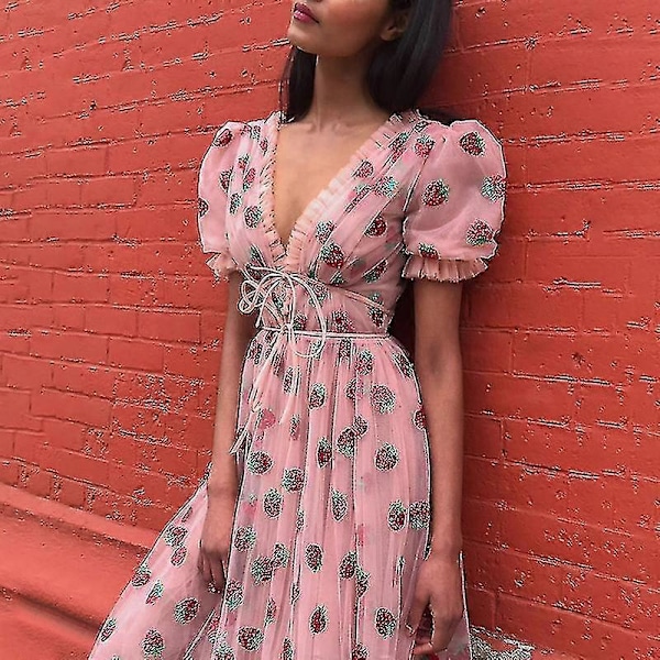 Dame Mode Jordbær Print Dyb V Kortærmet Mesh Cocktail Party Kjole Pink M