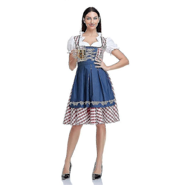 Naisten Oktoberfest Oluttyttö Puku Baijerilainen Perinteinen Dirndl Mekko Cosplay Naamiaisasu Denim Red XXL