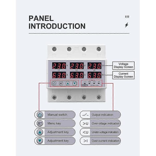 DIN-skena 3-fas Voltarelä Voltmeter Amperemeter Över- och Undervoltarelän Skyddar