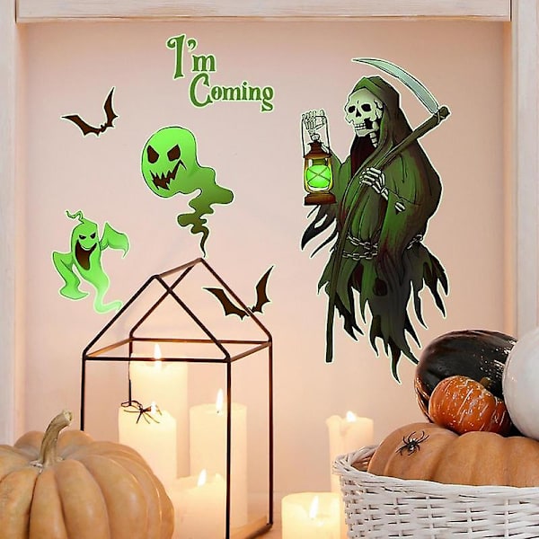 Grim Reaper Väggdekal Självlysande Spöke Fladdermus Liemannen Halloween Väggsticker Halloween Väggkonst Dekal Läskig Väggdekor