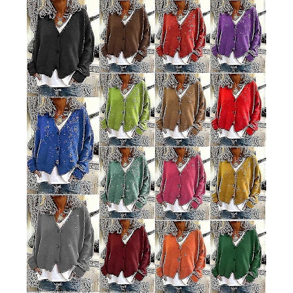 Dame Sweater Strikket Casual V-hals Ensfarvet Cardigan Sweater Dark Green XL