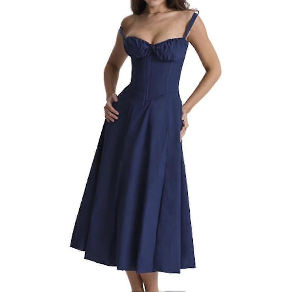 Modetryk Bustier Sommerkjole Snøre Blonde Ærmeløs Kjole Til Kvinder Navy Blue M