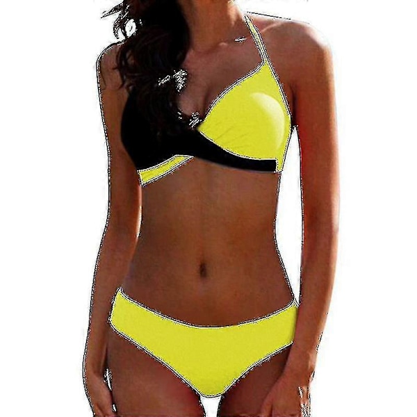 Naisten värilohko bikinin setti, pehmustetut push-up uimahousut, halter-kaula-uimapuku Black Yellow M