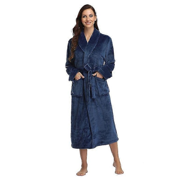 Dame Varm Fleece Vinter Morgenkåbe, Lang Plys Badekåbe Navy M
