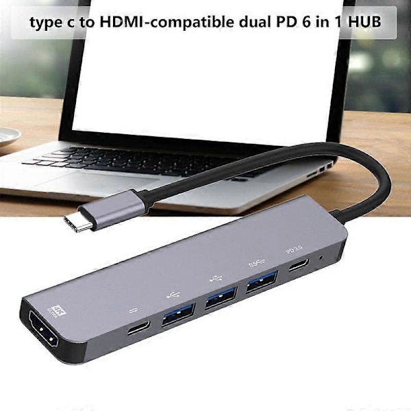 Telakointiasema 6-in-1 Nopea Type-C - HDMI-yhteensopiva 4K 3 USB 3.0 -portilla USB-C Hub -sovitin kannettavalle tietokoneelle