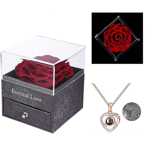 Preservert ekte rose med "Jeg elsker deg"-halskjede på 100 språk gavepakke, fortryllet ekte roseblomst til Valentinsdag, jubileum, bryllup, bursdag, romantisk