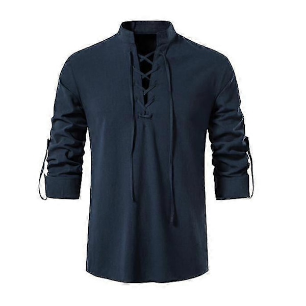 Miesten Henry-paita, pitkähihainen, puuvilla-pellava, rento, pystykaulus Navy XXL