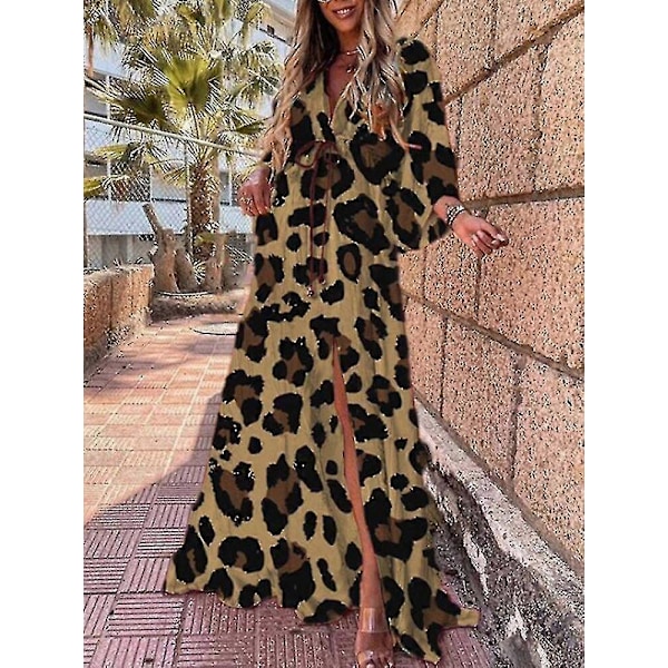 Sommar Maxi Klänning För Kvinnor Boho Tryck Bikini Överdrag Strandklänning Sexig Blommig Tunika Lång Klänning Baddräkt Vestido Feminino leopard XL