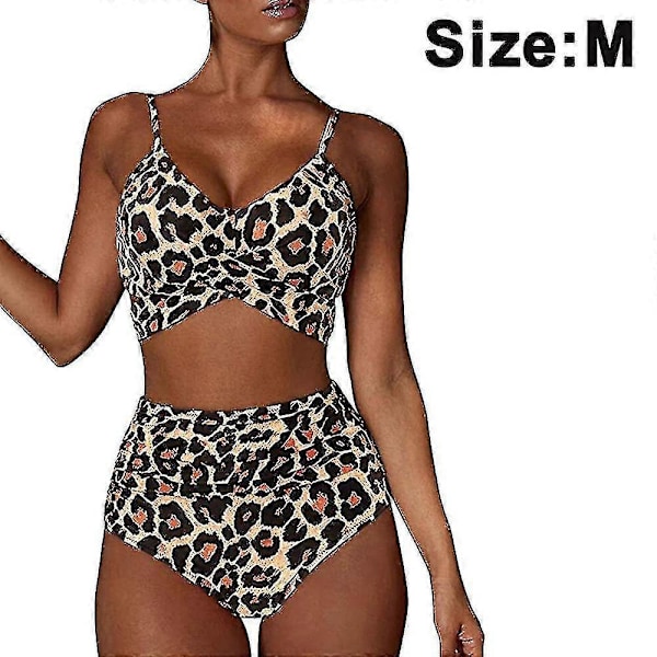 Højtaljet bandage bikini sæt til kvinder, wrap todelt push up badedragter krydsmønster dame badetøj Leopard M