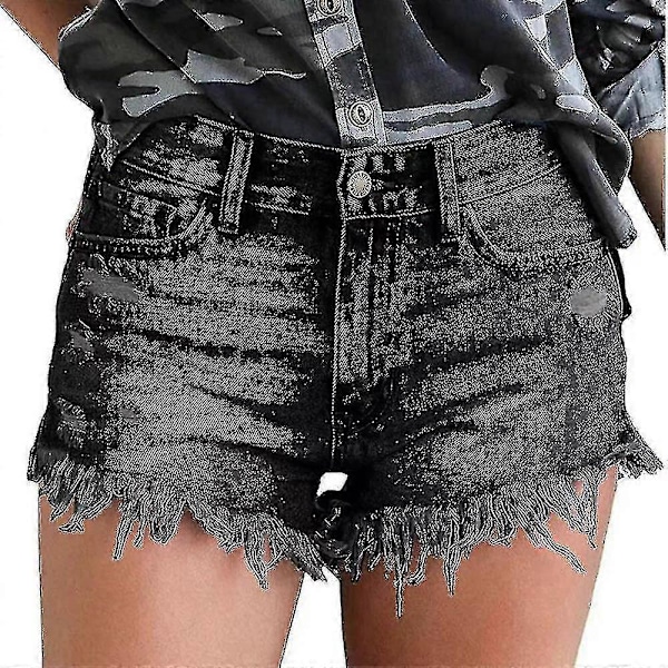 Damjeans Denim Shorts Mid Waist Ripped Raw Hem Jeans Shorts För Sommar Black 2XL