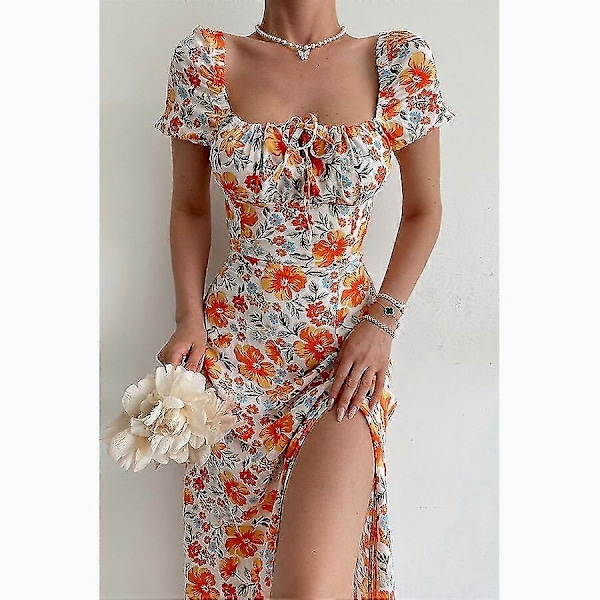 Elegant sød blomsterprint kjole til kvinder sommerkjoler stropløs kort pufærme slank søm slids maxikjole Orange M