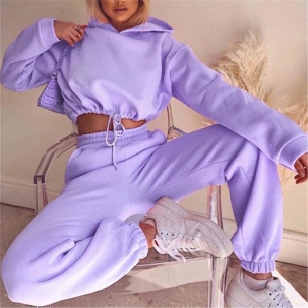Kvinnors casual beskuren huvtröja + byxor med elastisk midja Sportkläder Purple XL