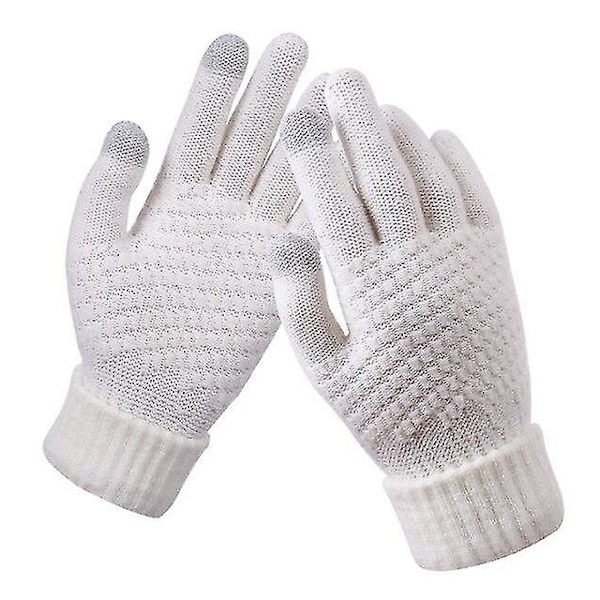 Dam Vinter Touch Screen Handskar Tjocka Varma Stickade Stretchhandskar Imitationsull Full Finger Utomhus Skidhandskar White