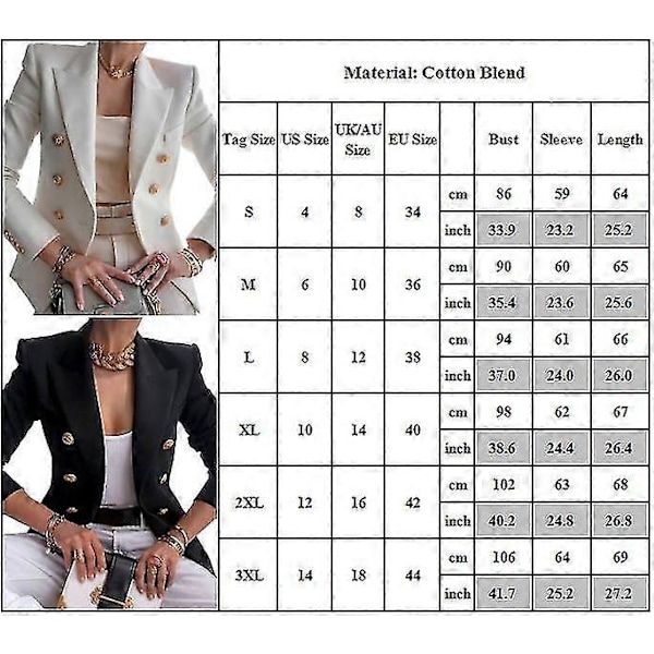 Dame Dobbeltradet Blazer Jakke Langærmet Revers Frakke Efterår Afslappet Slim Fit Jakke Overtøj White 2XL