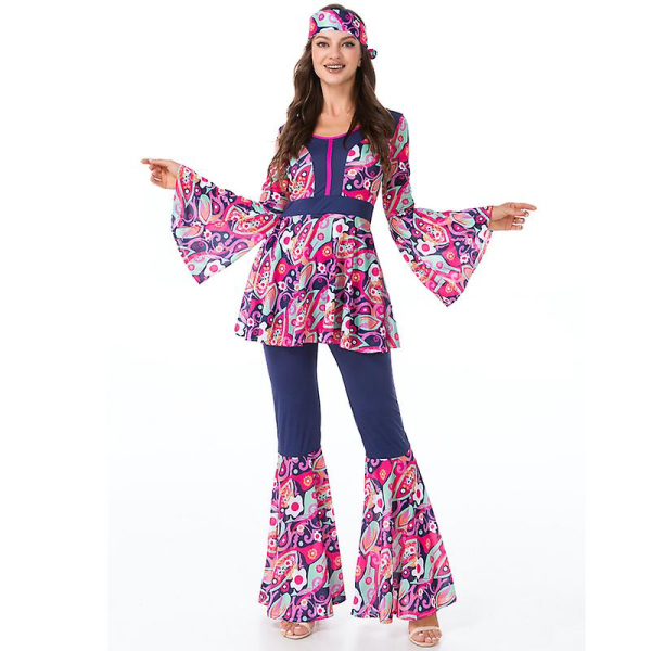 Flerfarvet Par 60'er 70'er Hippie Disco Kostume Retro Rockabilly Skinnende Skjorte Cosplay Karneval Halloween Fancy Festkjole A1 M
