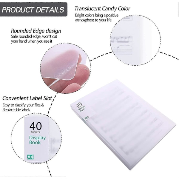 Plastlommer Presentasjonsbok Portefølje Mappe Klar Plastlommer Beskyttere Visningsbok Dokumentorganisator For Noter Kunstverk Tegning White 40 Pockets
