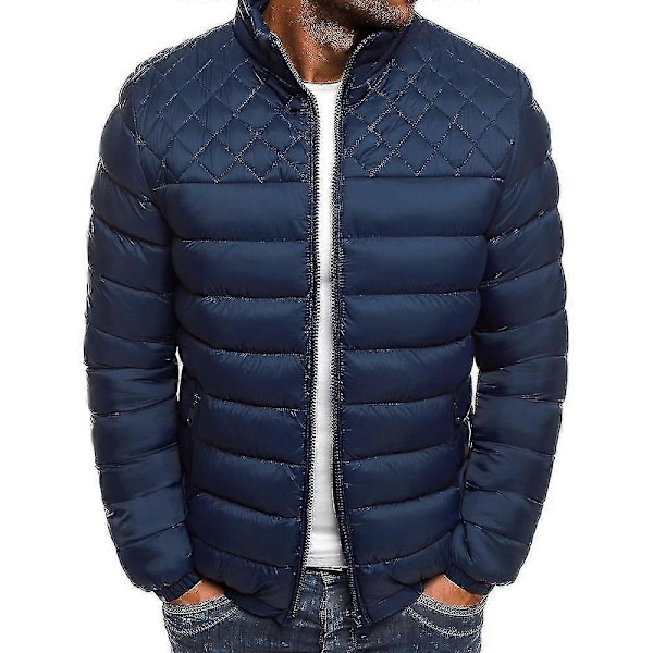 Herr Enfärgad Vardaglig Quiltad Pufferjacka Vinter Varm Ståkrage Jacka Dragkedja Vadderad Basic Ytterkläder Navy Blue M