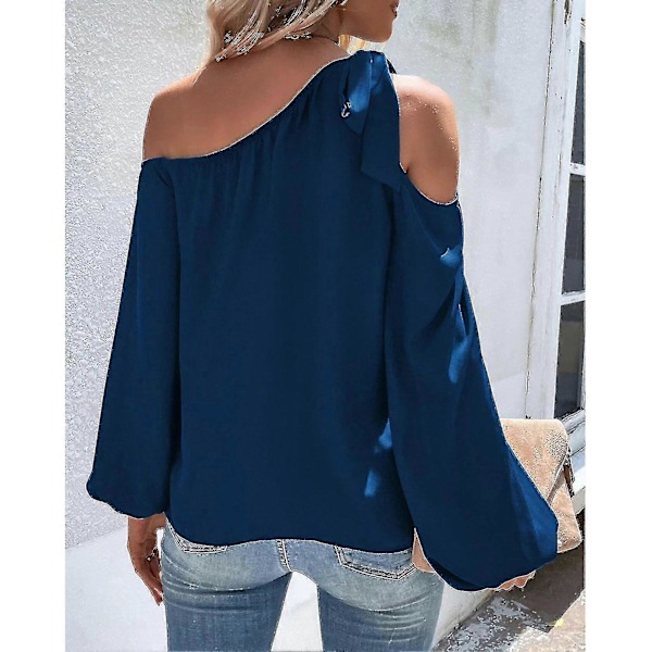 Dam Topp Cold Shoulder Knytblus Enfärgad Lykta Ärm Elastisk Manschett Chiffong Elegant Casual Blus Skjorta Navy Blue M