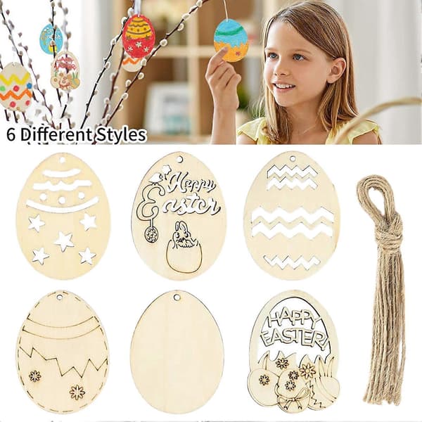 6 st/set Trähängen Bedårande Omålade Äggformade DIY Påsk Mini Trähantverk Högtidsmaterial