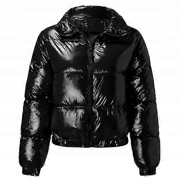 Vinterjakke for kvinner, kort boblejakke, vattert jakke, dunjakke med ståkrage BLACK XL