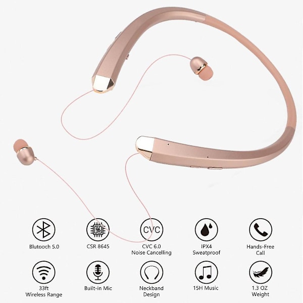 Päivitetyt langattomat niskapantasankaimet sisäänvedettävillä nappikuulokkeilla, melua vaimentavat stereo-kuulokkeet mikrofonilla treeniin, juoksuun ja ajamiseen gold