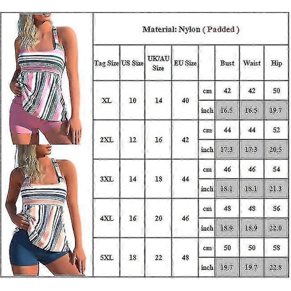 Randig Tankini Bikini Set för Damer med Push Up och Vaddering Pink 4XL