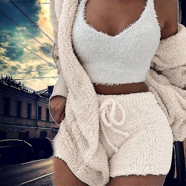 3 stk./sett Koselig Strikkesett Shorts + Genser + Jakke Casual Varmt Dress For Kvinner Menn 2023 Ny Mote A (Ruipei)